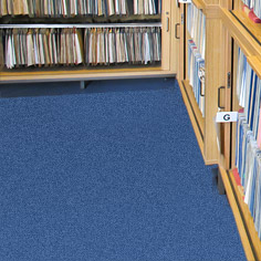 Granatowa wykładzina wyczyszczona metodą ekstrakcyjną położona w sali bibliotecznej. Widoczne dolne części półek ze zbiorami książkowymi.